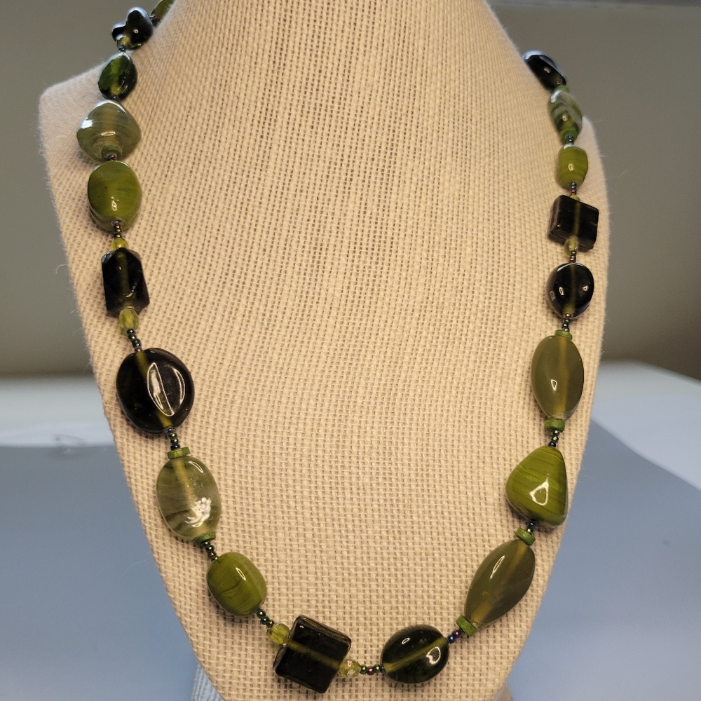 Green Art Glass & Ceramic Beaded 33" + 3" Extension Necklace Mixed Shapes